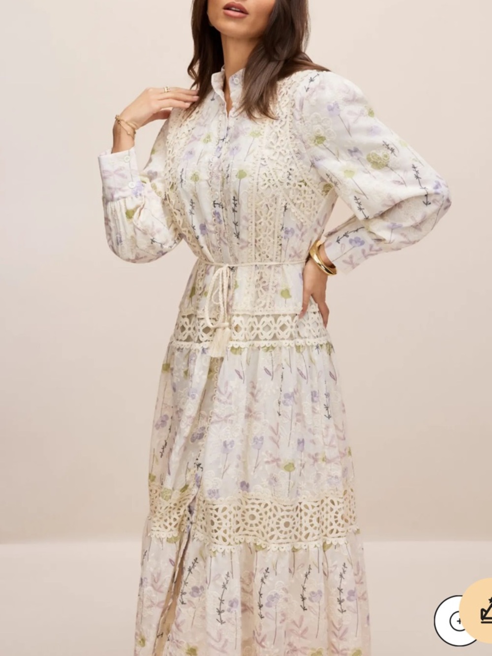 Floral Lace Trim Midi Dress Long Sleeve Button Front Cottagecore Boho Romantic